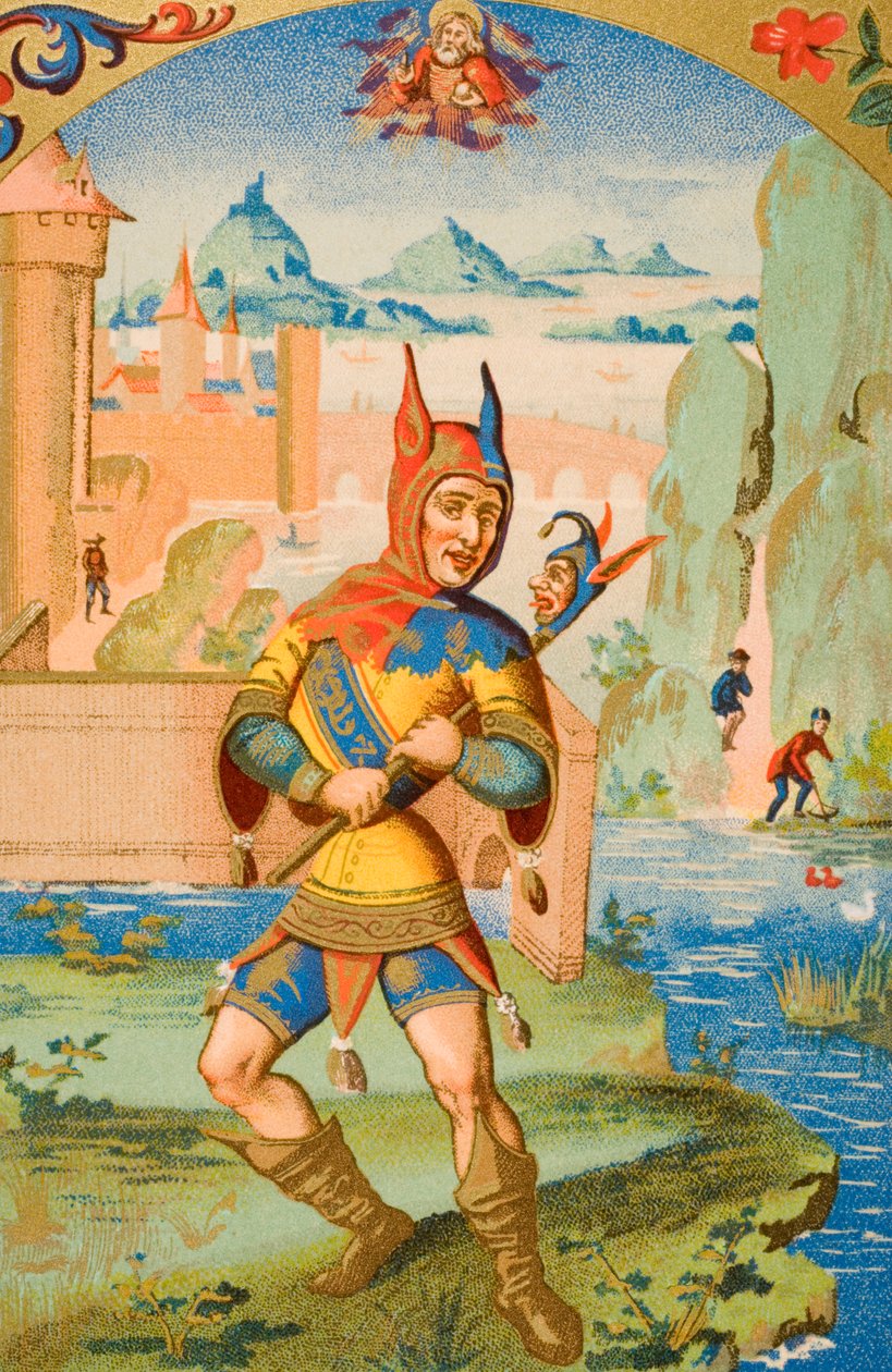 Dvorní blázen, reprodukce miniatury z rukopisu z 15. století, z knihy "Le Moyen Age et La Renaissance" od Paula Lacroixe (1806-84) vydané v roce 1847. od French School