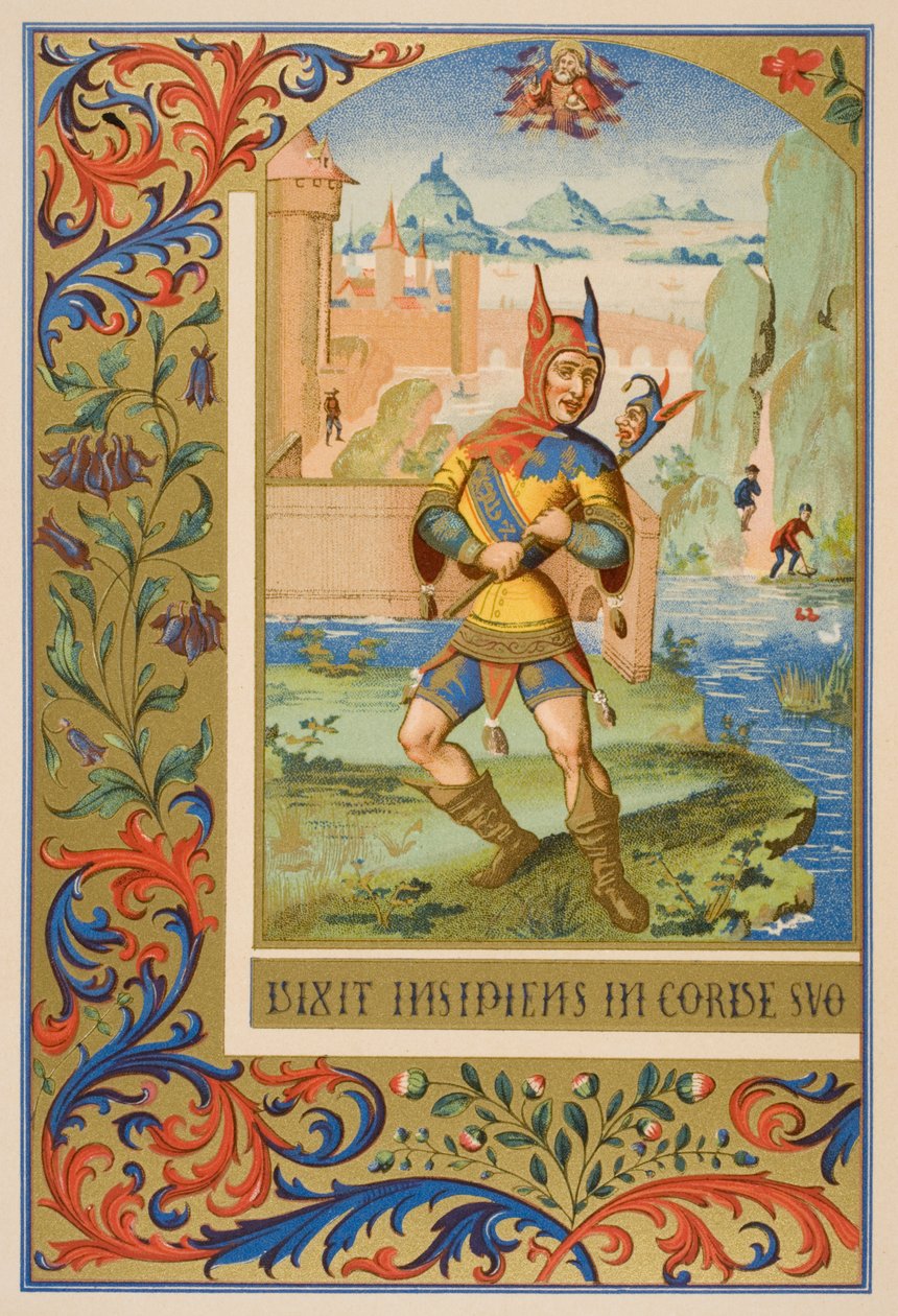 Dvorní blázen, reprodukce miniatury z rukopisu z 15. století, z knihy "Le Moyen Age et La Renaissance" od Paula Lacroixe (1806-84) vydané v roce 1847. od French School