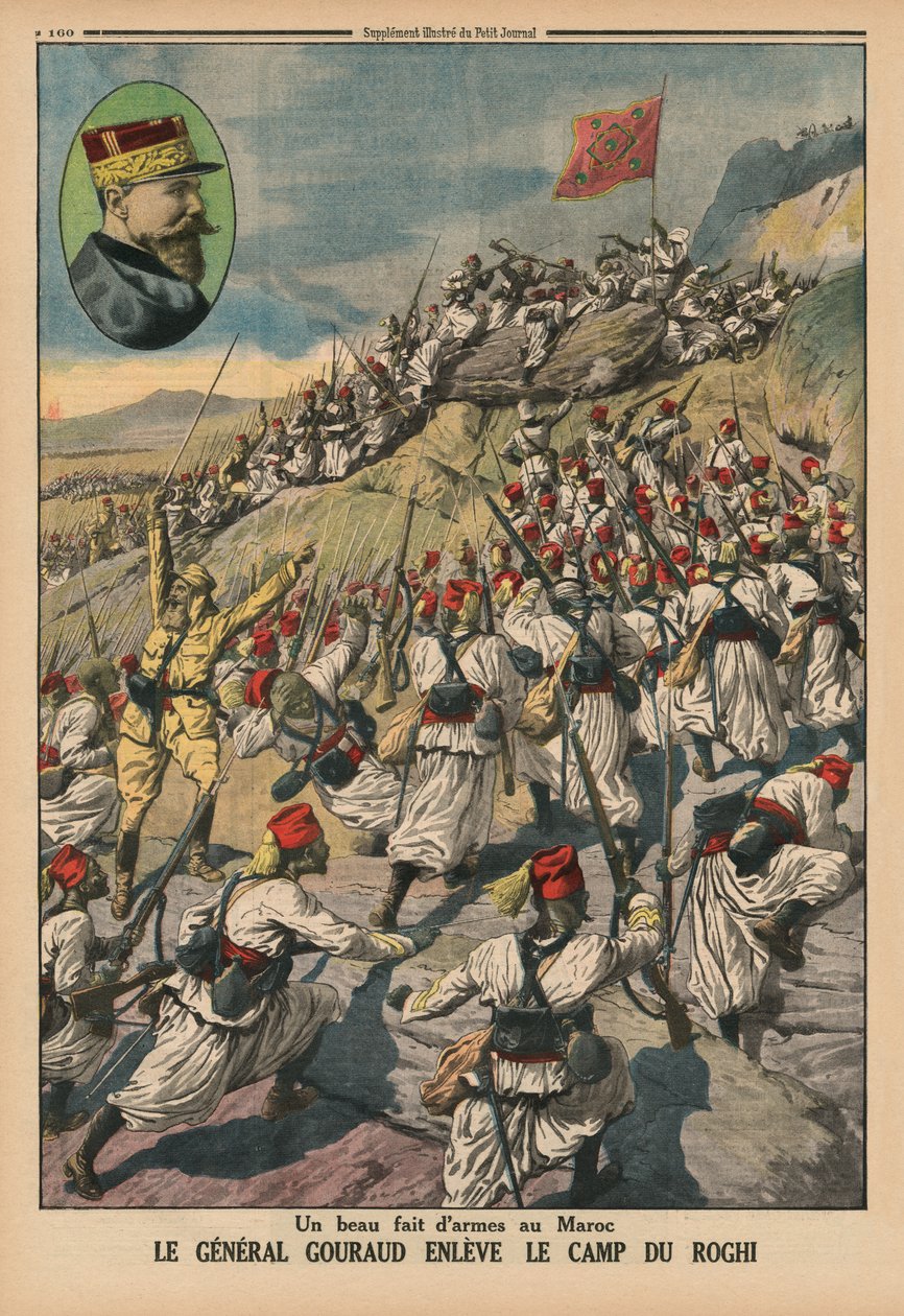 Skvělý výkon zbraní v Maroku, generál Gouraud zachycující tábor Roghi, ilustrace na zadní straně obálky z 