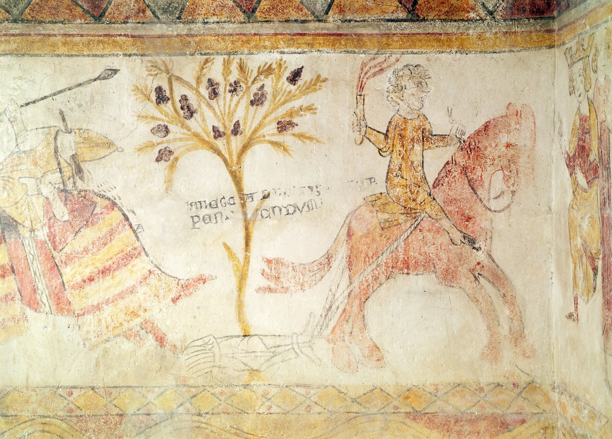 Rytíř nesoucí hořící pochodeň táhnoucí tělo krále Manfreda (asi 1232-66) ze Sicílie, 28. února 1266 od French School