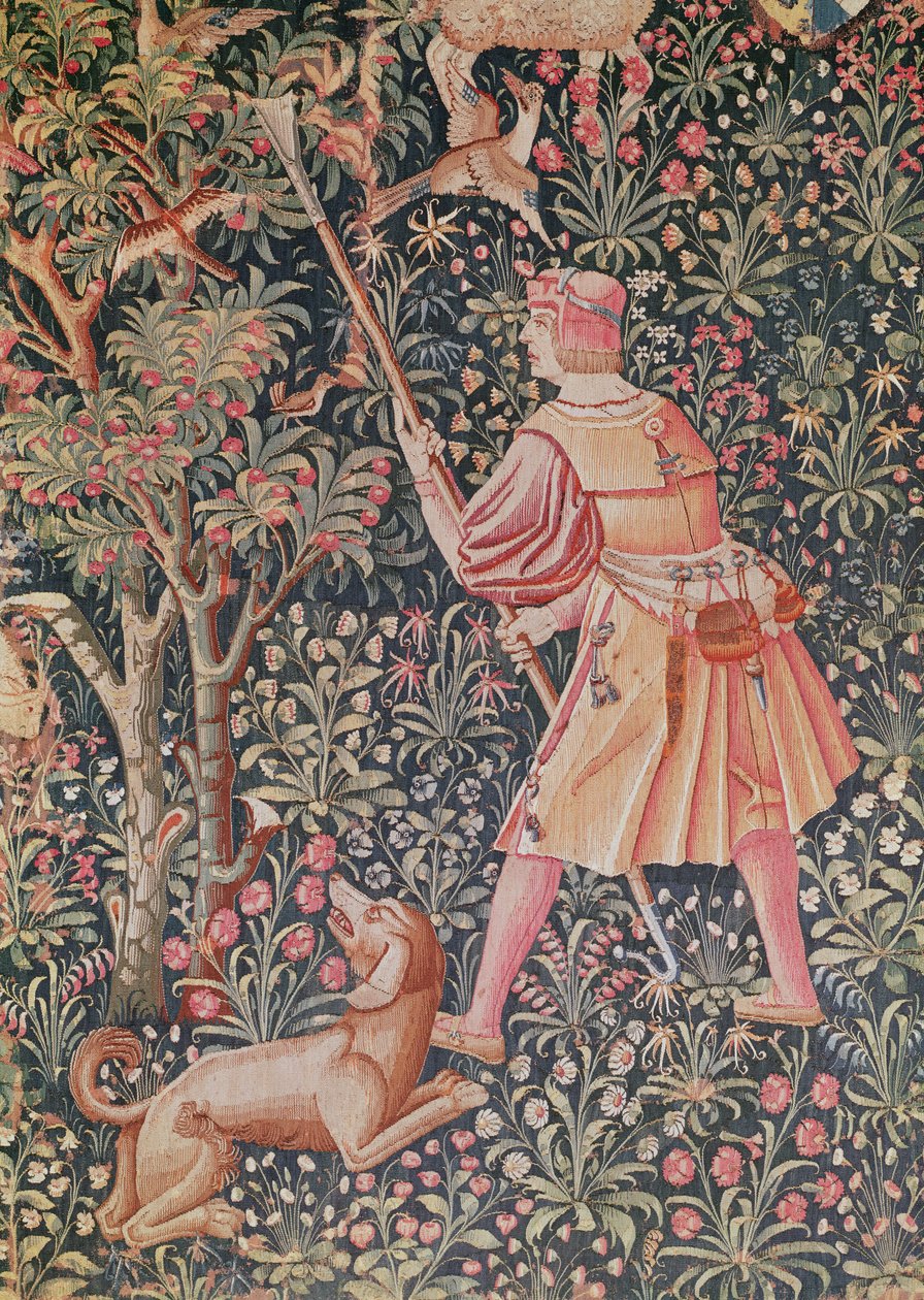 Muž sbírající hrušky motykou, z "Jeu de Marelle et Cueillette de Fruits", dílna na Loiře, 1510 (tapiserie) od French School