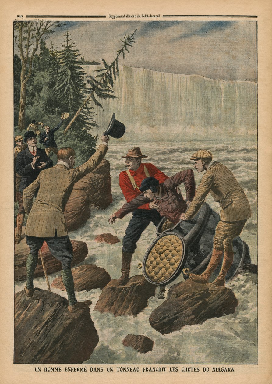 Muž v sudu překračující Niagarské vodopády, ilustrace z 