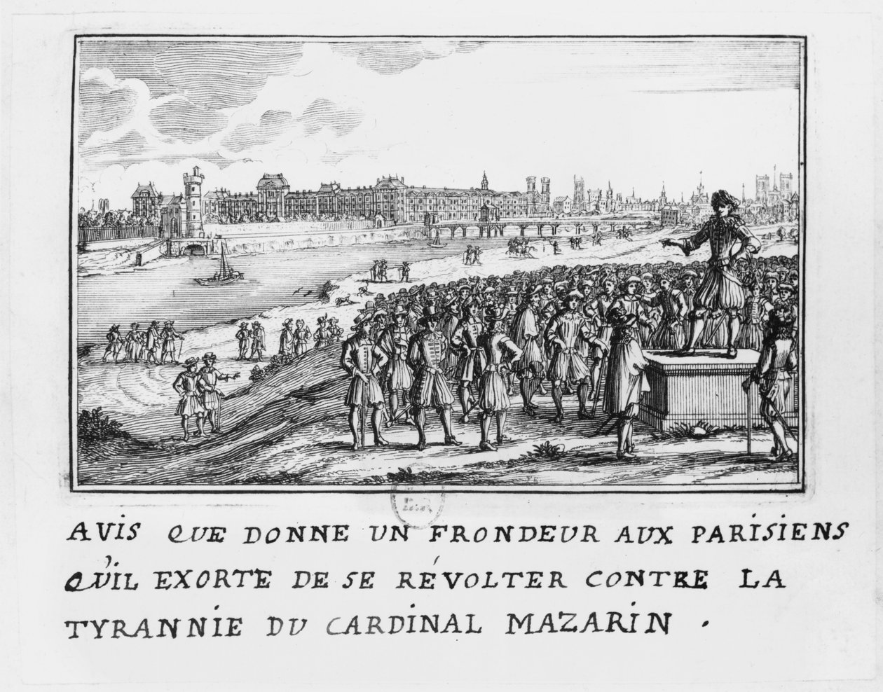 Muž z Frondy nabádající Pařížany, aby povstali proti tyranii kardinála Mazarina 6. ledna 1649 od French School