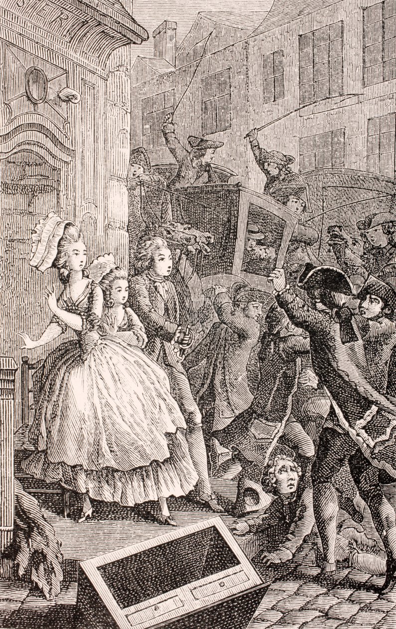 Pouliční rvačka v Paříži v 18. století, z „XVIII Siecle Institutions, Usages et Costumes“, vydané v roce 1875 od French School