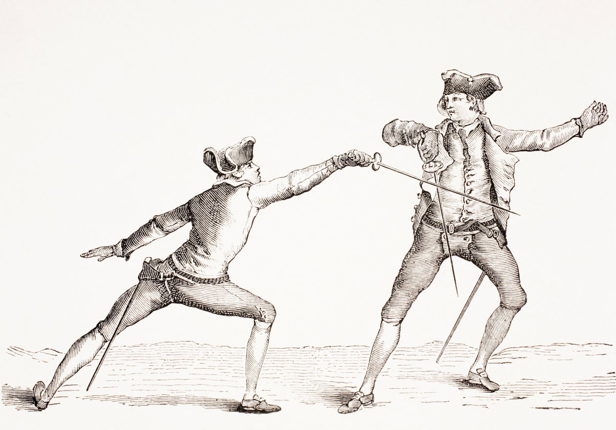 Šermíř odrazil úder svého protivníka z „XVIII Siecle Institutions, Usages et Costumes“, vydaného v roce 1875 od French School
