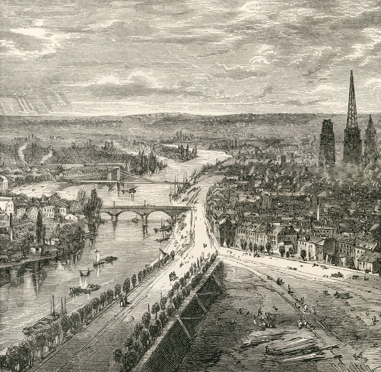Pohled na Rouen, Normandie, v devatenáctém století, z „French Pictures“ od reverenda Samuela G. Greena, vydaného v roce 1878 od French School