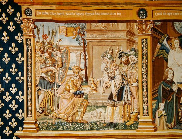 Abraham přijímá chléb a víno od Melchisedeka, detail z tapisérie zasvěcené eucharistii, 1510 od French School