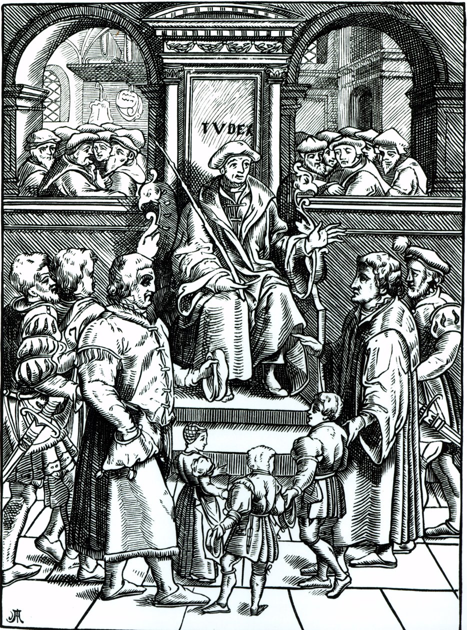 Adopce osiřelých dětí na Nižším dvoře Velké Bailiwicku po dřevorytu v „Refuge et Garand des Pupilles, Orphelins“ od Joose de Damhouder (1507-81), publikovaném v Antverpách, 1557 ( od French School