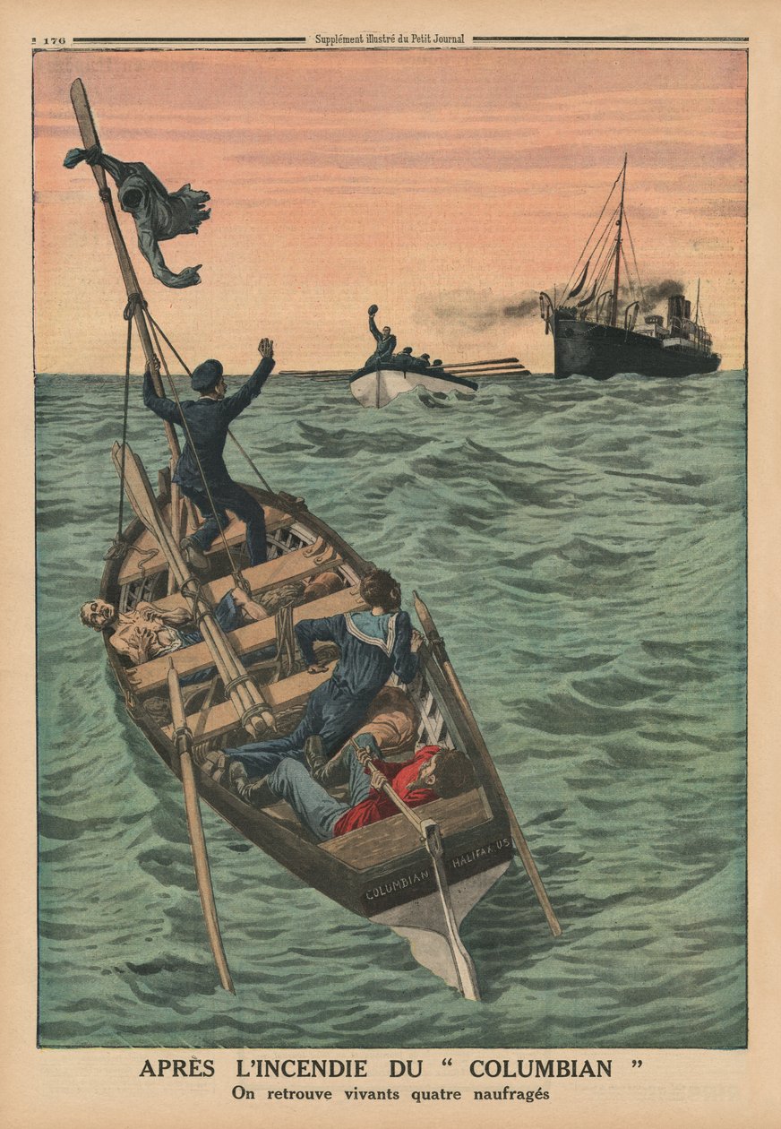 Po požáru Columbianu jsou čtyři trosečníci nalezeni naživu, ilustrace na zadní straně obálky z 