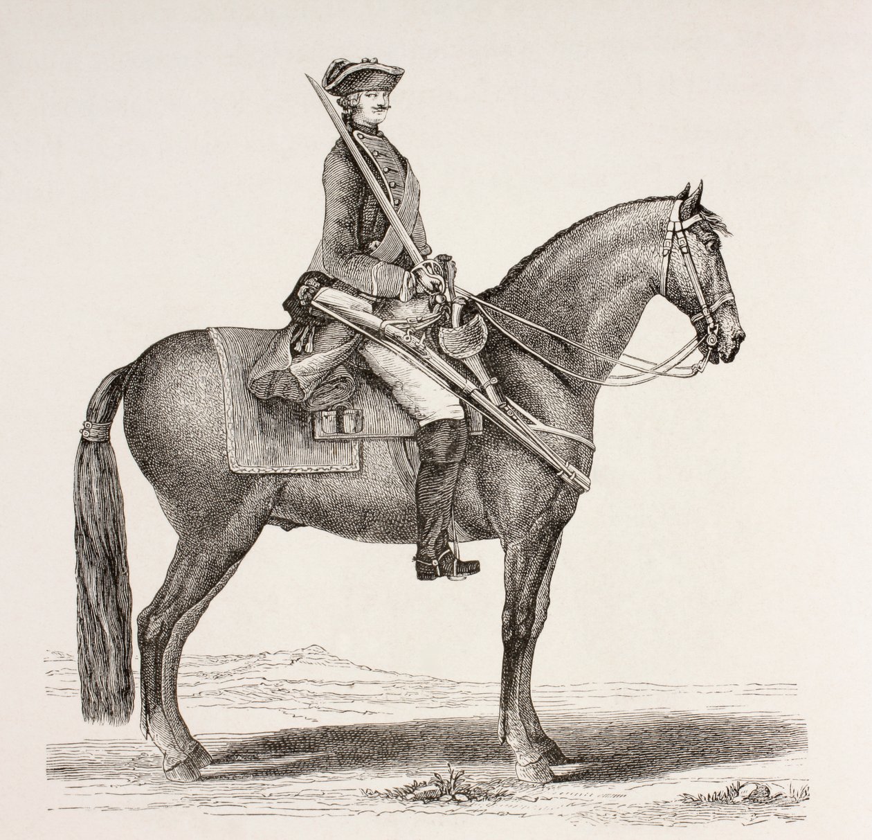 Francouzský jezdecký voják z 18. století nasedl se svými zbraněmi, z „XVIII Siecle Institutions, Usages et Costumes“, vydané v roce 1875 od French School