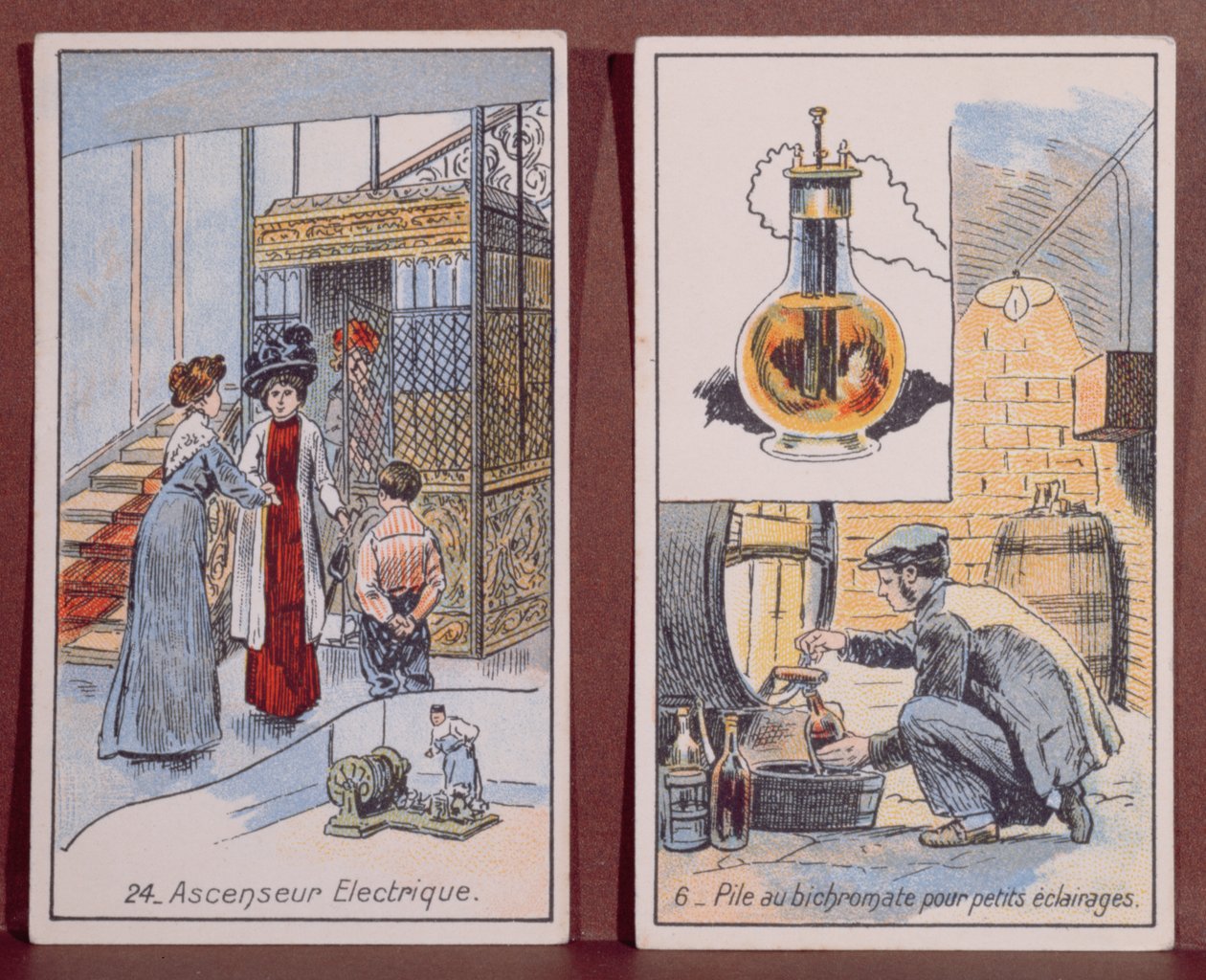 Elektrický výtah a elektrické osvětlení, ze série Les Merveilles de lElectricite, cca 1910-14 od French School