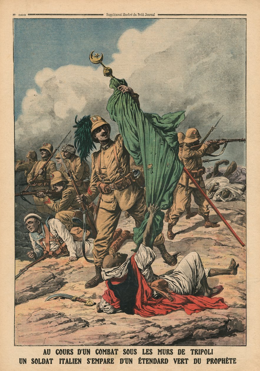 Italský voják zmocňující se zeleného standardu proroka Mohameda, ilustrace z 