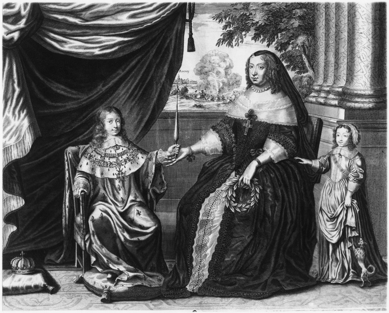 Anna Rakouská, královna Francie a Navarry, a její synové, Dauphin Louis Francouzský, budoucí Ludvík XIV., a Filip I., vévoda z Orleans, 1643 od French School