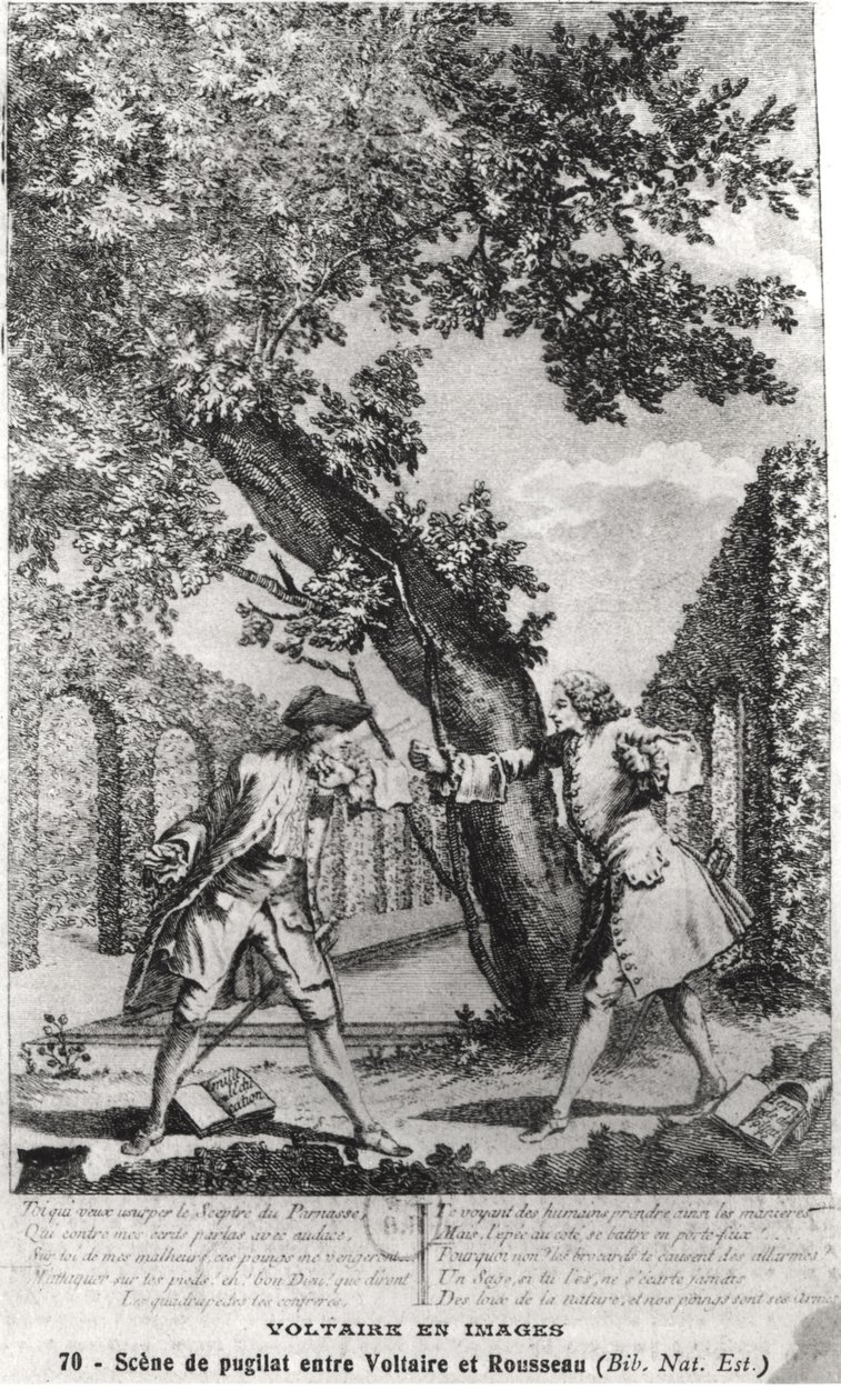 Hádka mezi Jean-Jacques Rousseau (1712-78) a Voltaire (1694-1778) od French School