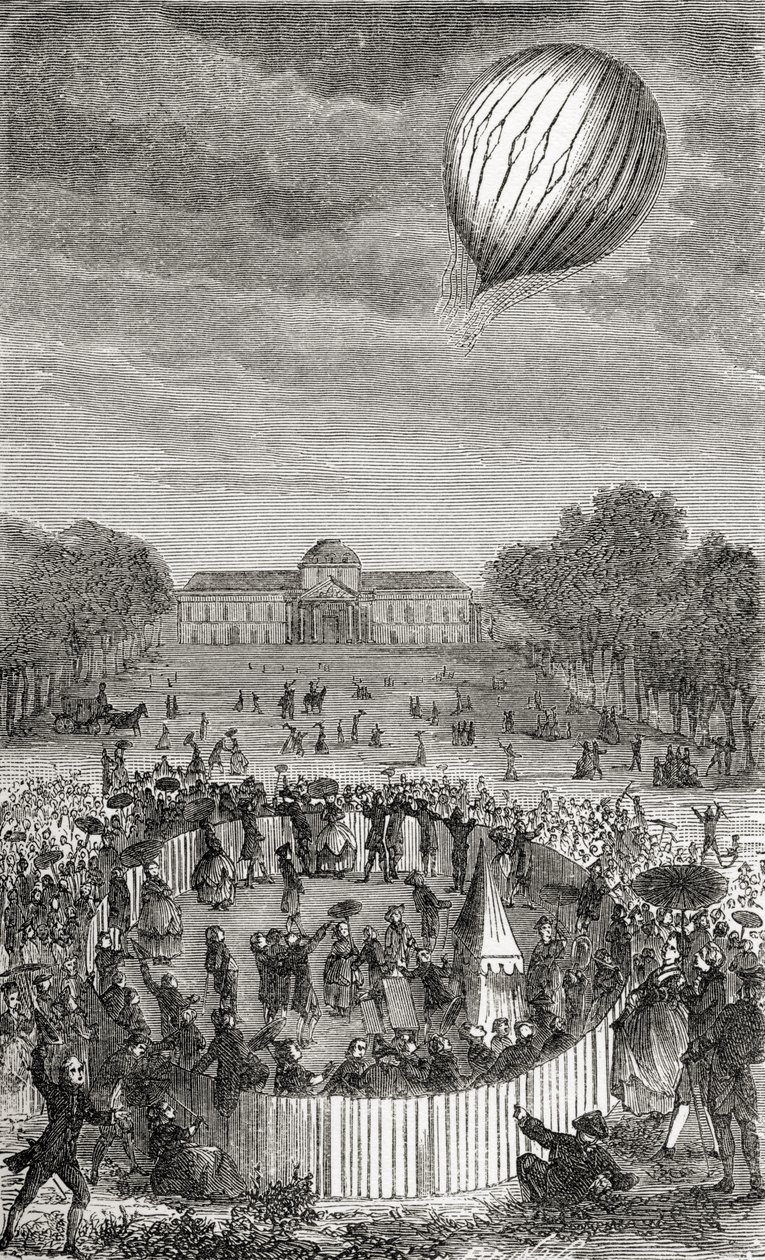 Výstup Charlesova balónu přes Champs de Mars z knihy „Nádherné výstupy balónem nebo dobytí nebes“ od Fulgence Marion, vydané kolem roku 1870 od French School
