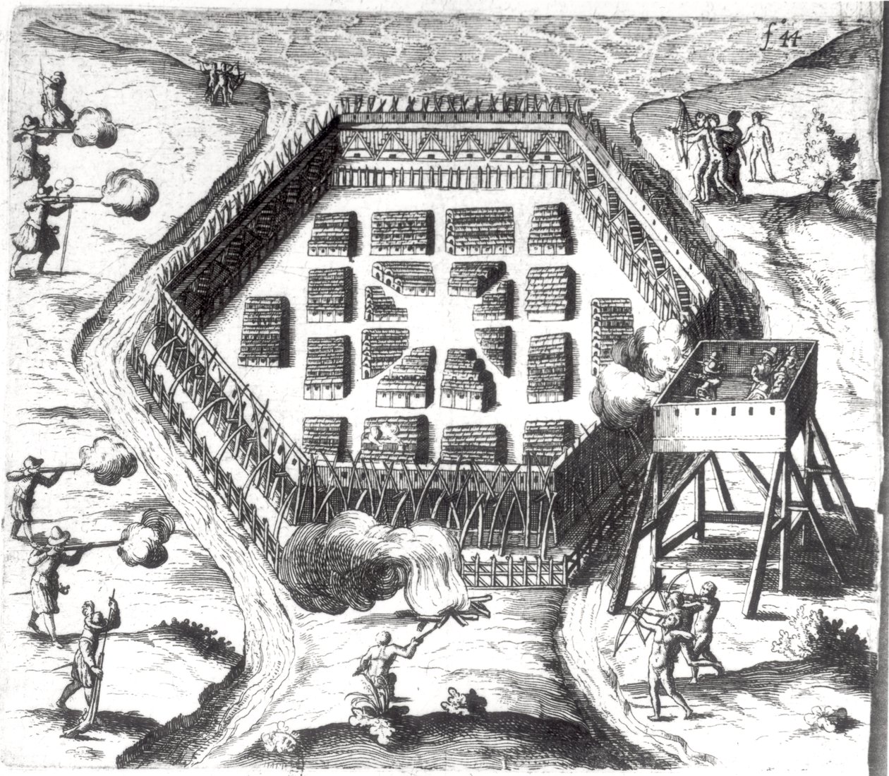 Útok na irokézskou vesnici z „Voyages de la France Occidentale, známé jako Kanada“ od Samuela de Champlain (1567-1635) od French School