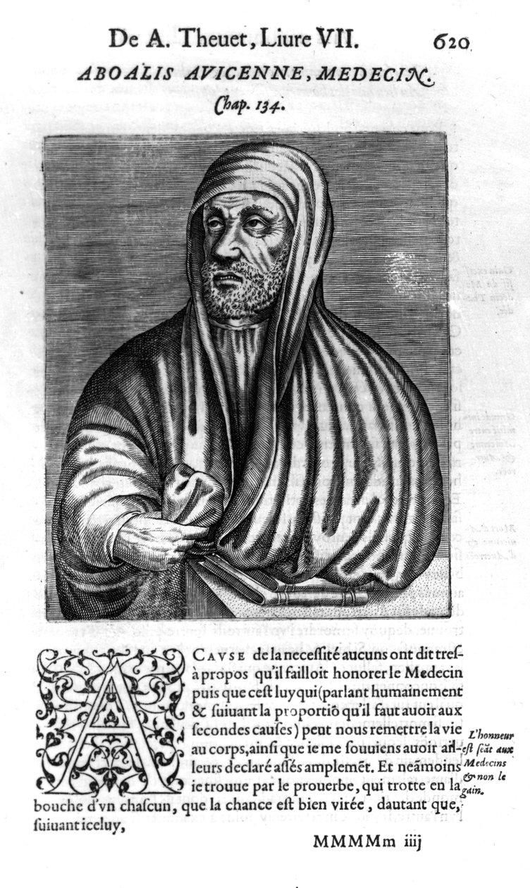 Avicenna, ilustrace z knihy „Skutečné rysy a životy slavných mužů“ od Andreho Theveta, vydané v roce 1584 od French School