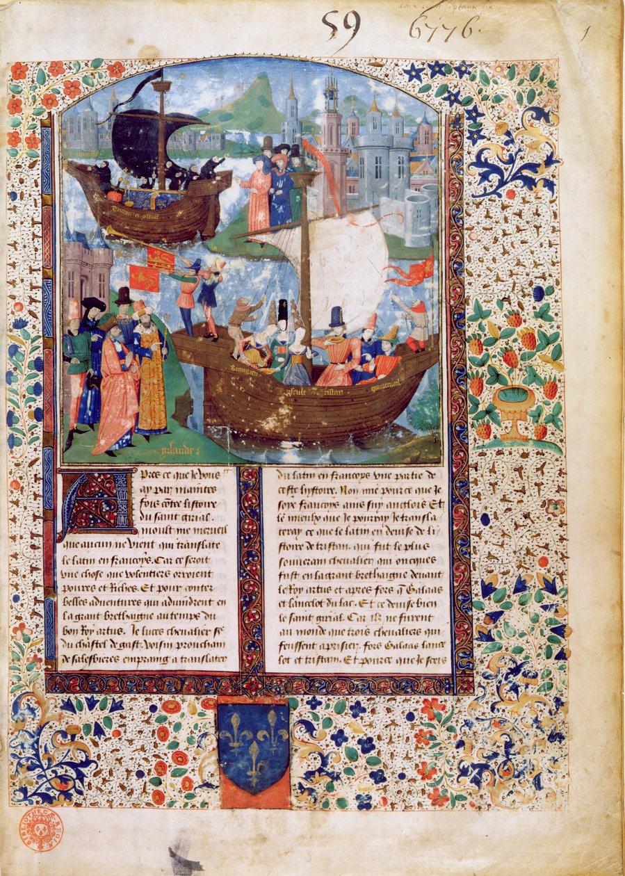 B.N.Ms. Pá 103 f.1 Tristan a Iseult opouštějí Irsko; Tristan vypije lektvar; těla Tristana a Iseult jsou přivezena domů do Irska v překladu Luce de Gasta od French School