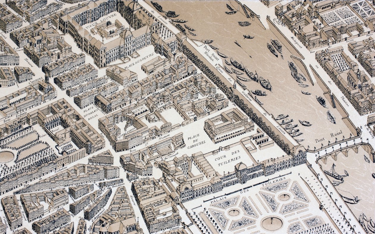Pohled z ptačí perspektivy na Paříž v roce 1730, 1875 od French School