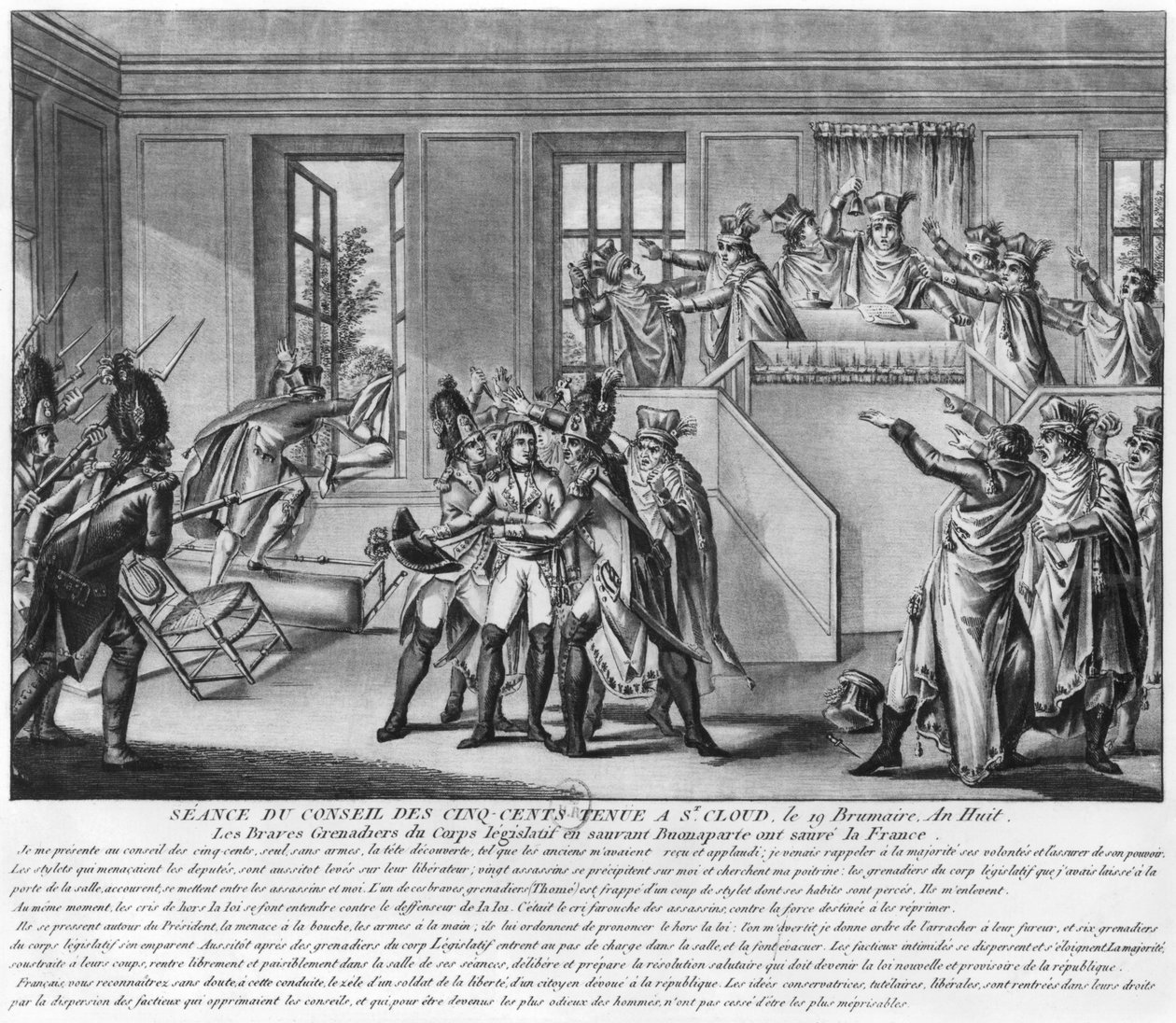 Bonaparte (1769-1821) chráněn dvěma granátníky během zasedání v St.Cloud, 19 brumaire an 8 (10. listopadu 1799), kolem 1800 od French School