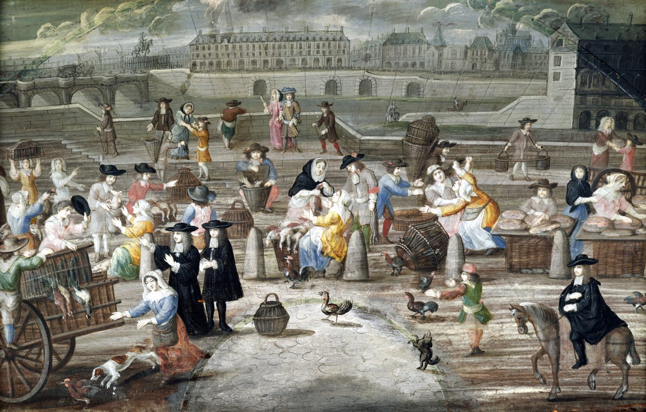 Chlebový a drůbeží trh na Quai des Grands Augustins, malovaný pro ventilátor (pero a inkoust a wc na papíře) od French School