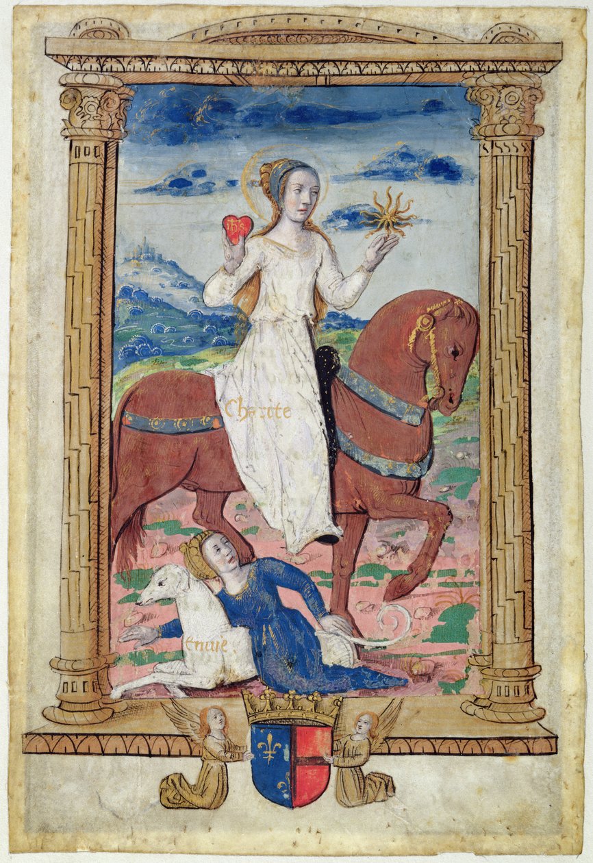 CL 22718 C Charity Against Envy, z „Rondeaux des Vertus“, vytvořeno pro Louis de Savoie od French School
