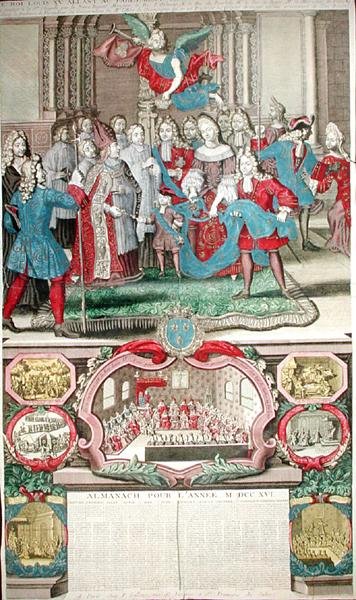 Kalendář na rok 1716 zobrazující Ludvíka XV. (1710-74) s jeho parlamentem, 12. září 1715, 1716 od French School