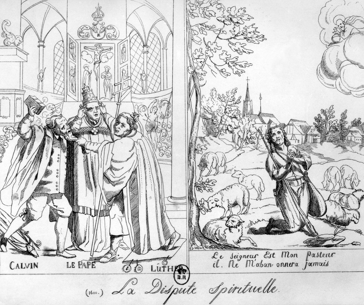 Karikatura zobrazující duchovní spor mezi papežem Lvem X. (1476-1521) Martinem Lutherem (1483-1546) a Johnem Calvinem (1509-64) 1838 od French School