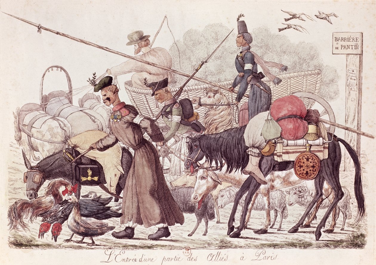 Karikatura zobrazující vjezd části spojeneckých vojsk do Paříže, 1814 (barevný lept) od French School