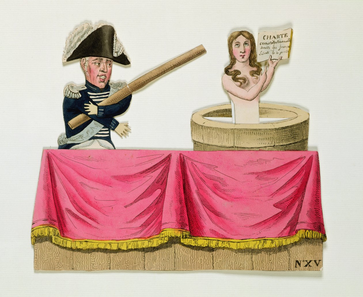 Karikatura Ústavní listiny z 26. července 1830, kolem roku 1830 (barevná rytina na kartonu) od French School