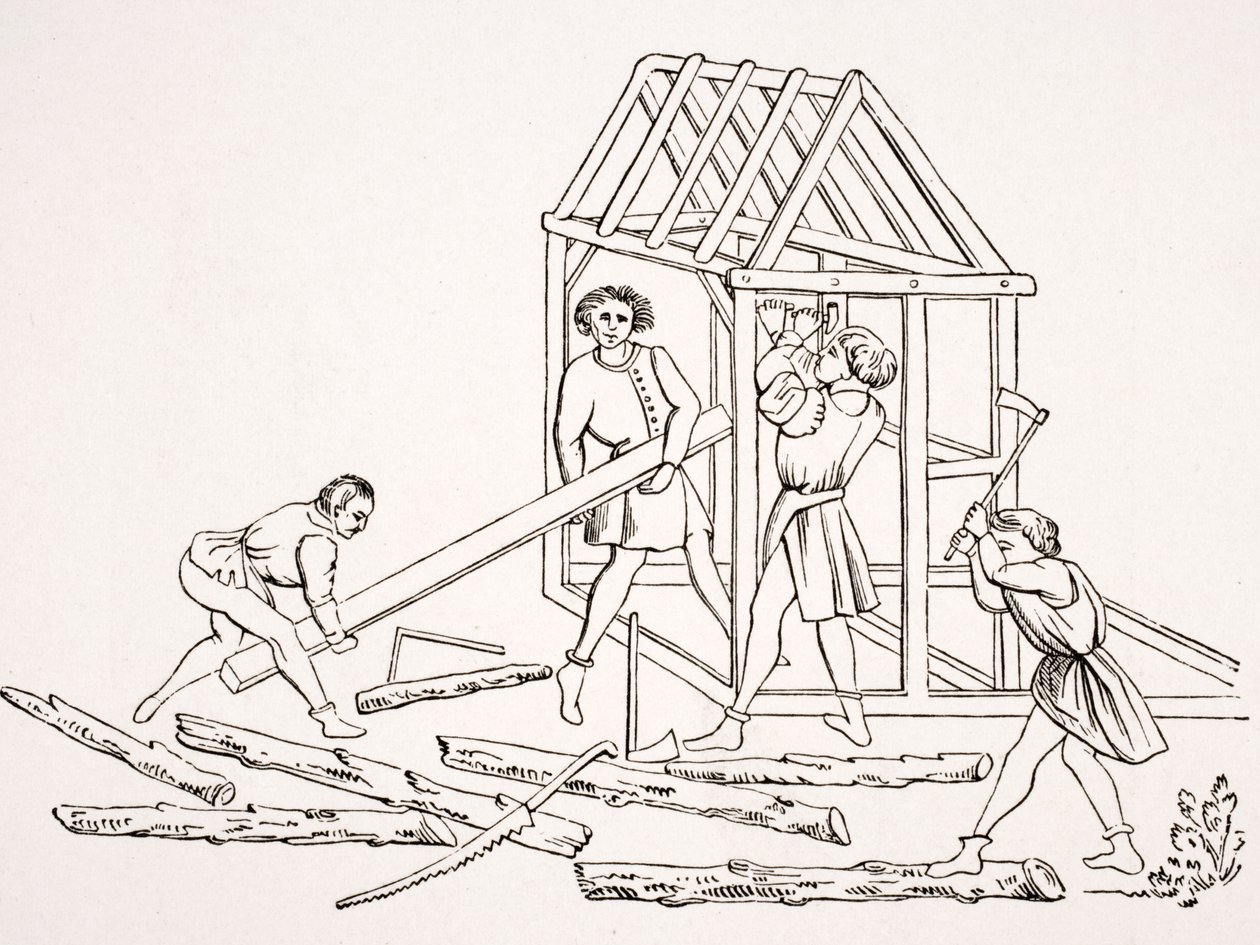 Tesaři, podle miniatury v rukopise z 15. století, „Chroniques de Jainaut“, z „Le Moyen Age et La Renaissance“ od Paula Lacroixe (1806-84) vydaného v roce 1847 od French School