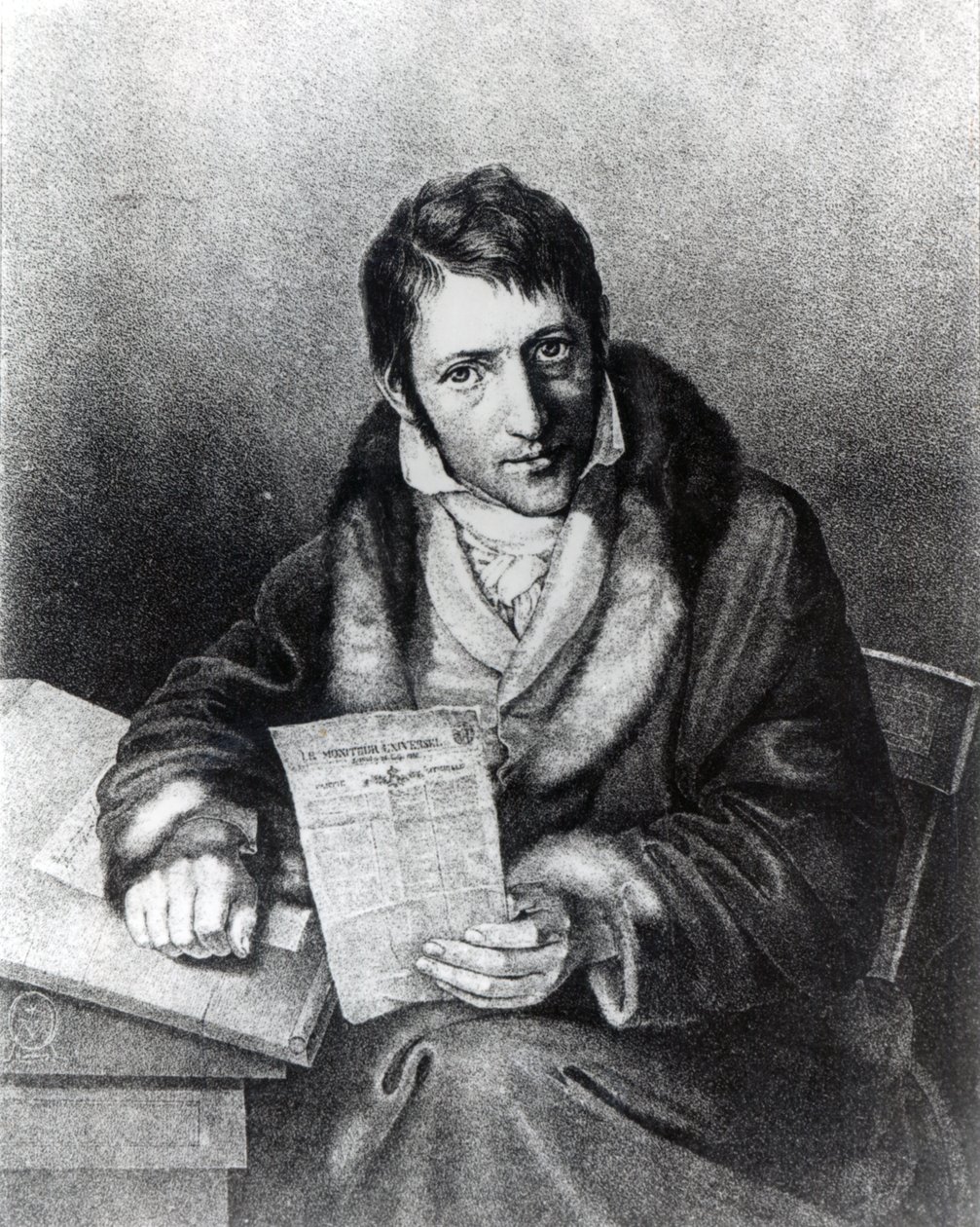 Charles-Joseph Panckoucke drží kopii „Le Moniteur Universel“ od French School