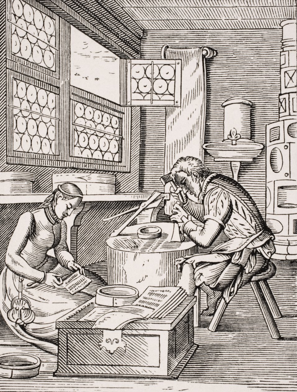 Clasp Maker, reprodukce dřevorytu od Josta Ammana (1539-91) z „Le Moyen Age et La Renaissance“ od Paula Lacroixe (1806-84) vydaného 1847 od French School