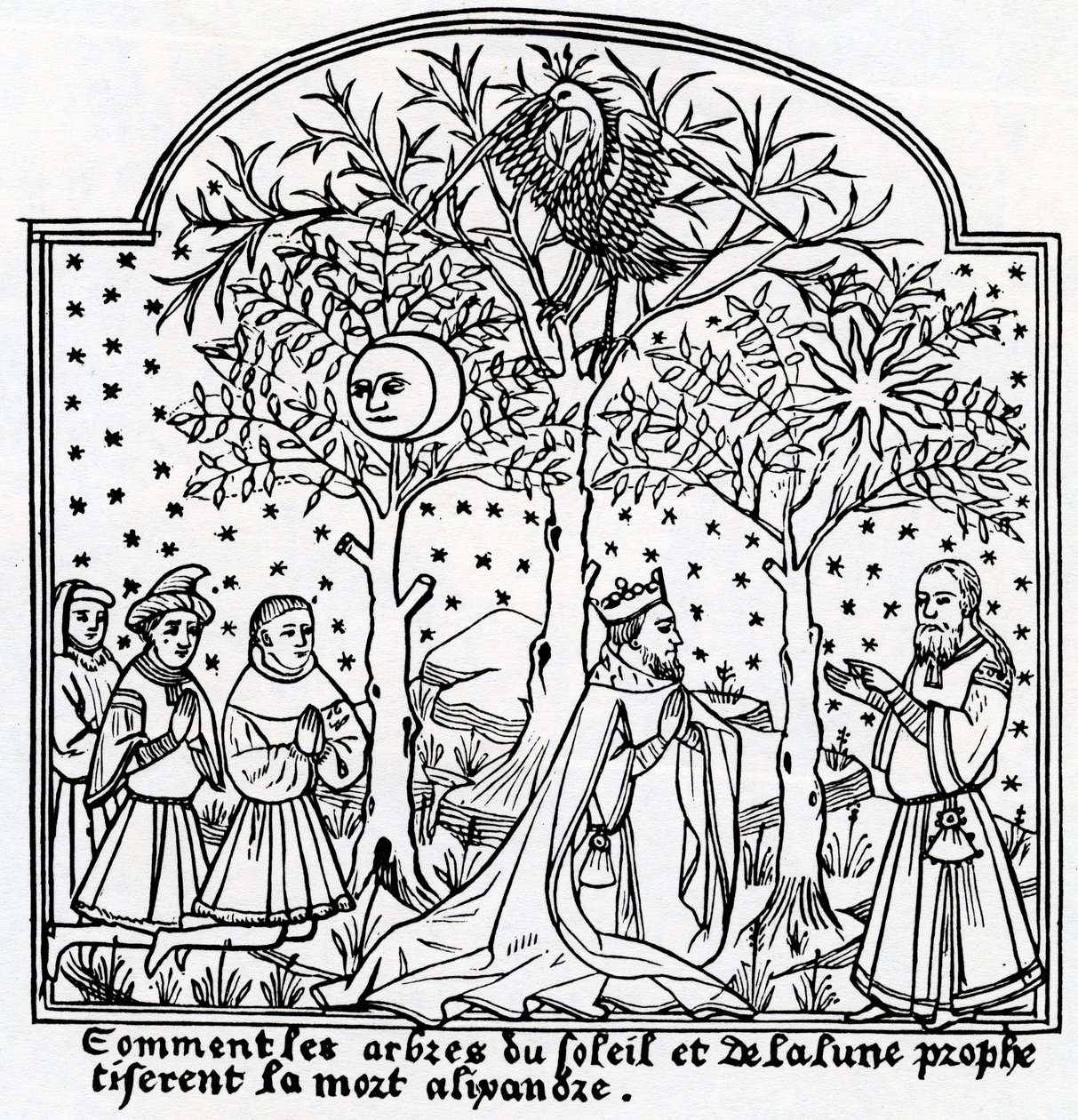 Kopie ilustrace věšteckých stromů Slunce a Měsíce z „Livre de Merveilles du Monde“ od Rustichella da Pisa a Marco Polo od French School