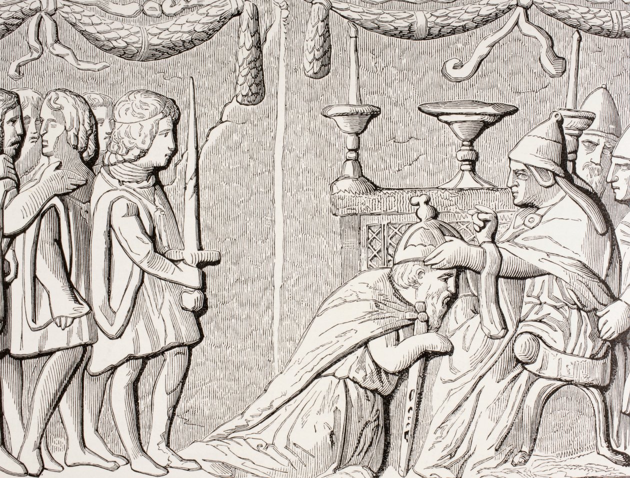 Korunovace císaře Zikmunda papežem Evženem IV v roce 1433, po basreliéfu na dveřích Svatého Petra v Římě, z „Les Arts au Moyen Age“, vydáno 1873 od French School