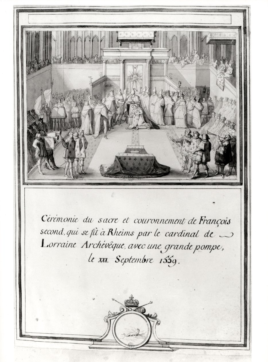 Korunovace Františka II. (1544-60), 21. září 1559 v Remeši arcibiskupem kardinálem de Lorraine. od French School