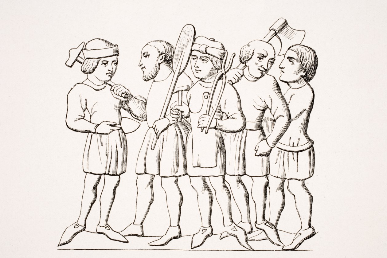 Řemeslníci, reprodukce miniatury v rukopise ze 14. století, z „Le Moyen Age et La Renaissance“ od Paula Lacroixe (1806-84), vydaného v roce 1847 od French School