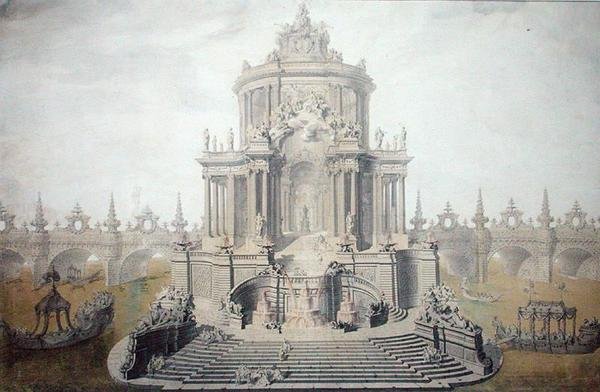 Návrh dekorace na oslavu svatby francouzského dauphina Ludvíka (1729-65) 1745 (wc & kvaš na papíře) od French School