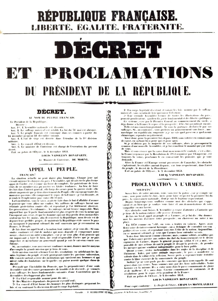 Dekret a proklamace Ludvíka Napoleona Bonaparta III. (1808-73), prezidenta republiky, 2. prosince 1851 od French School