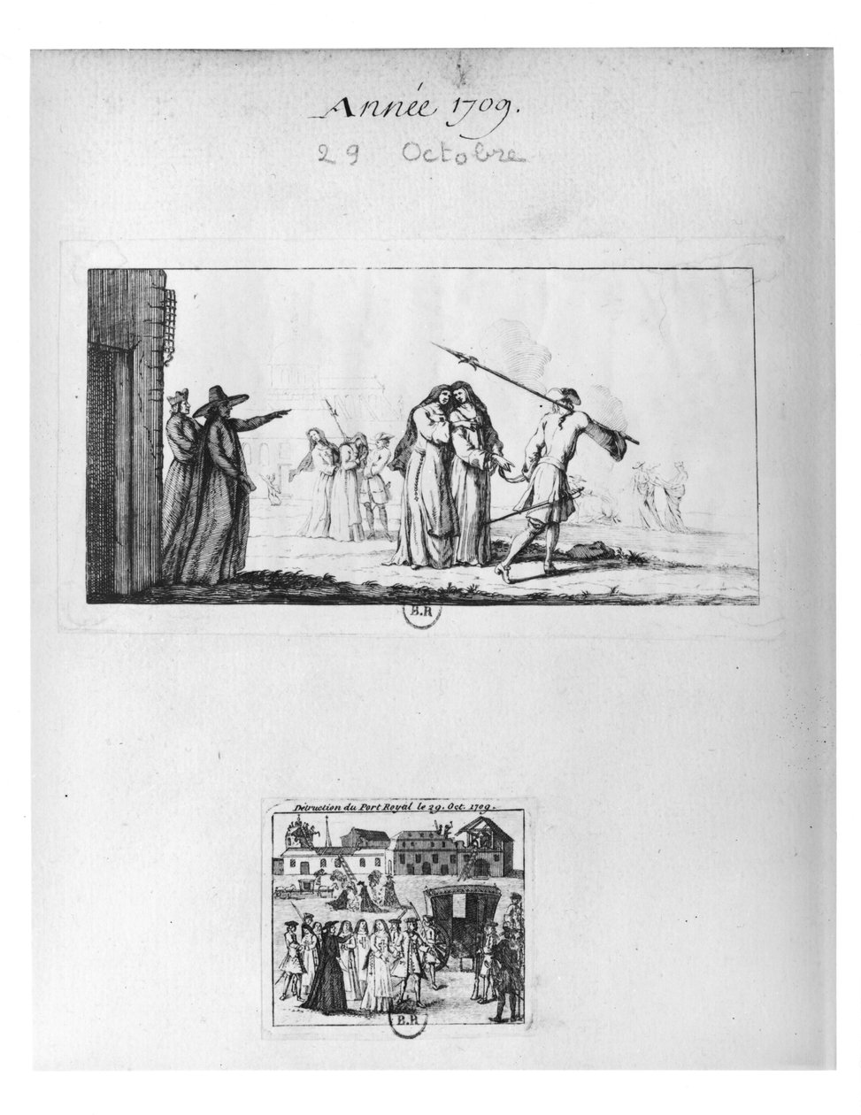 Zničení Port-Royal des Champs a zatčení jeptišek 29. října 1709 (rytina) (černobílá fotografie) od French School