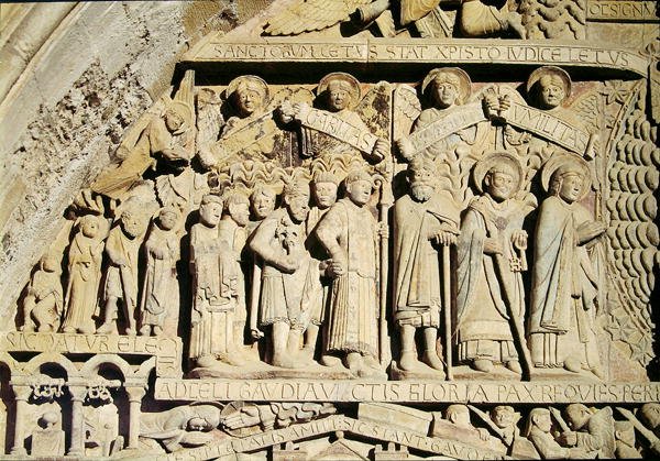 Detail z Posledního soudu na tympanonu na západním portálu, kolem roku 1140 od French School