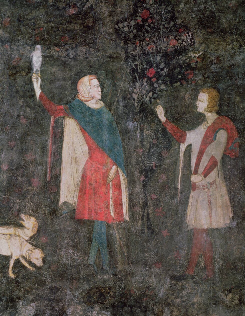 Detail dvou sokolníků, z Jelena, 1343 od French School
