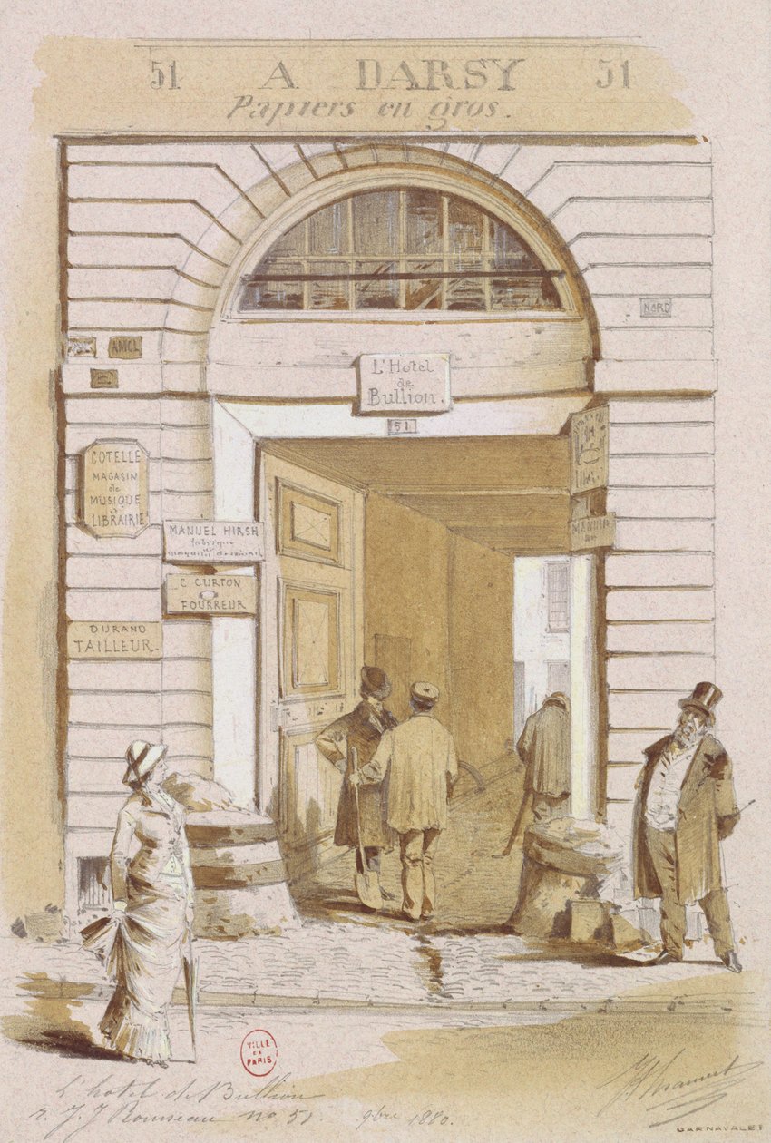 Vchod do hotelu Bullion, 57 rue Jean-Jacques Rousseau, Paříž, 1880 (wc na papíře) od French School