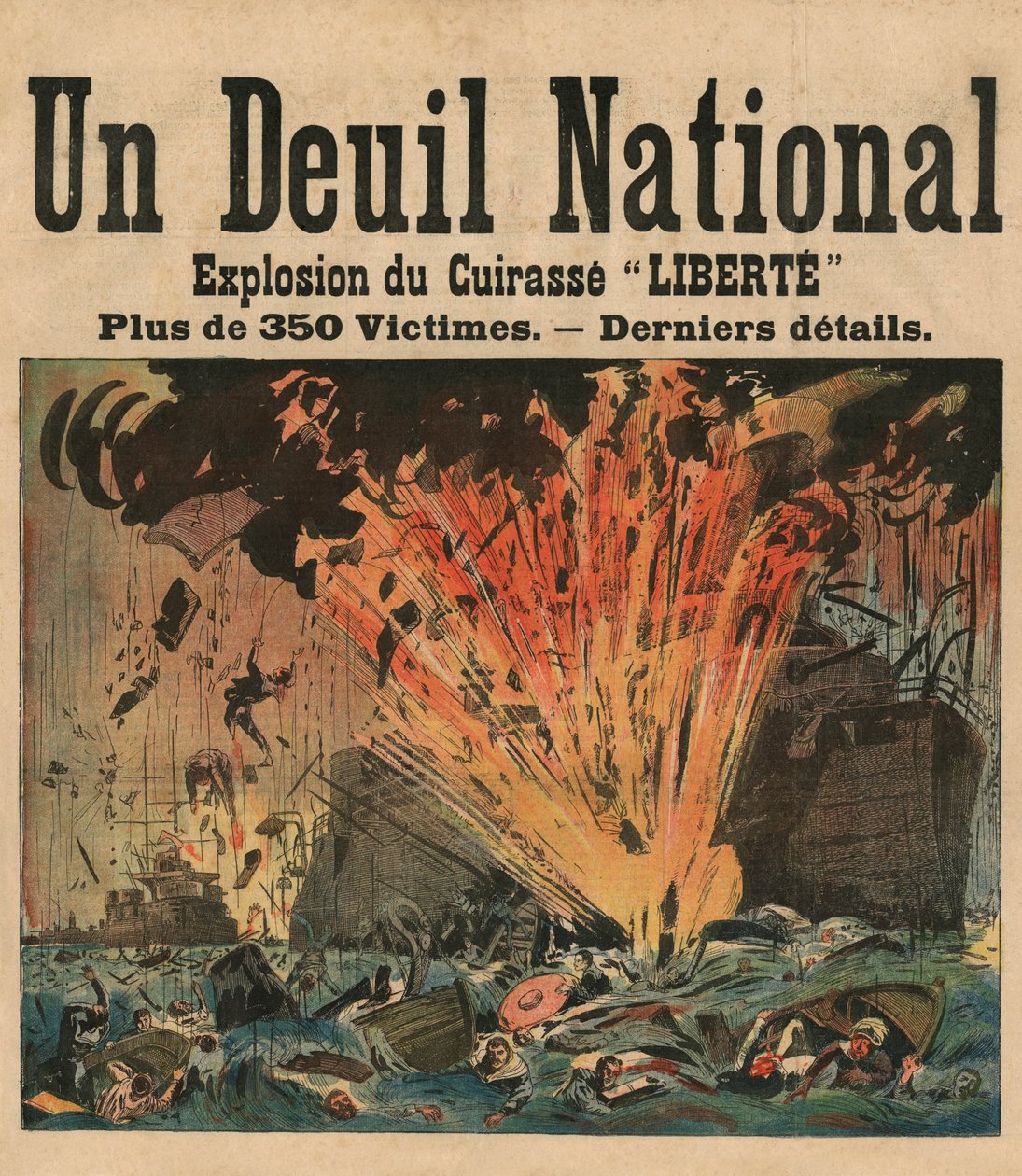 Exploze bitevní lodi „Liberte“ před dreadnoughtem v toulonském přístavu 25. září 1911, ilustrace z „Le Petit Journal“, 1911 od French School