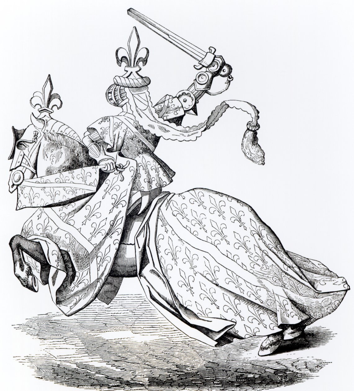 Faksimile vévody de Bourbon vyzbrojeného pro turnaj, z miniatury v „Tournois du Roy Rene“ od French School