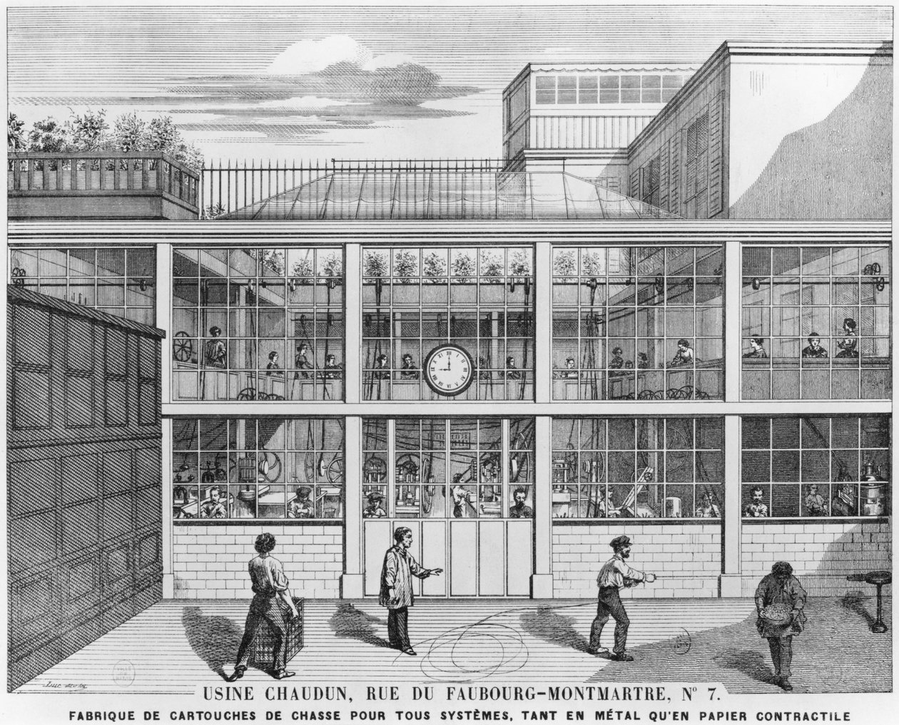 Továrna na náboje do brokovnic, Usine Chaudun, rue du Faubourg Montmartre 7, Paříž, vyryl Luc (19. století) od French School