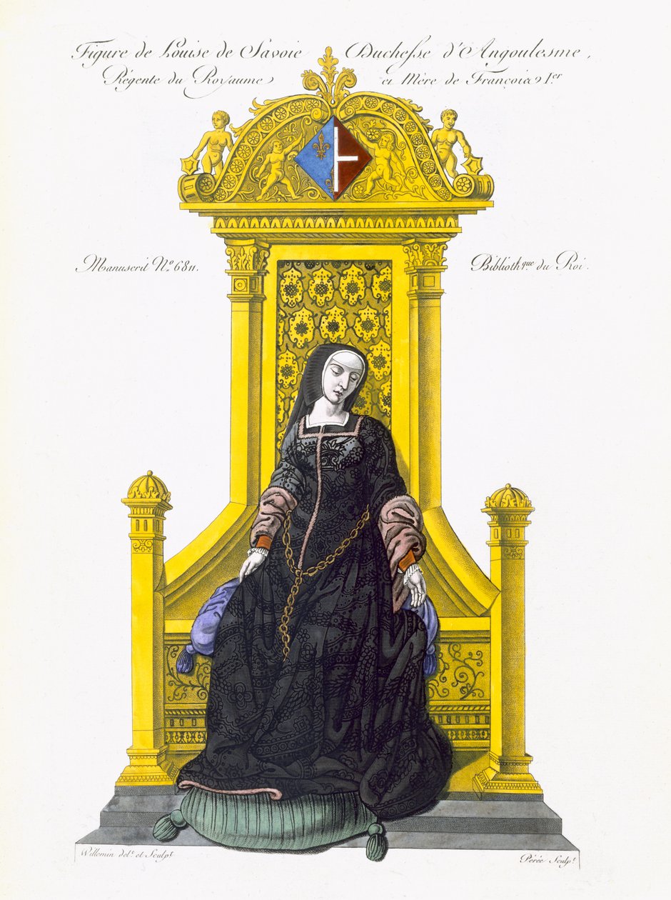 Postava Louise de Savoie (barevná akvatinta) od French School