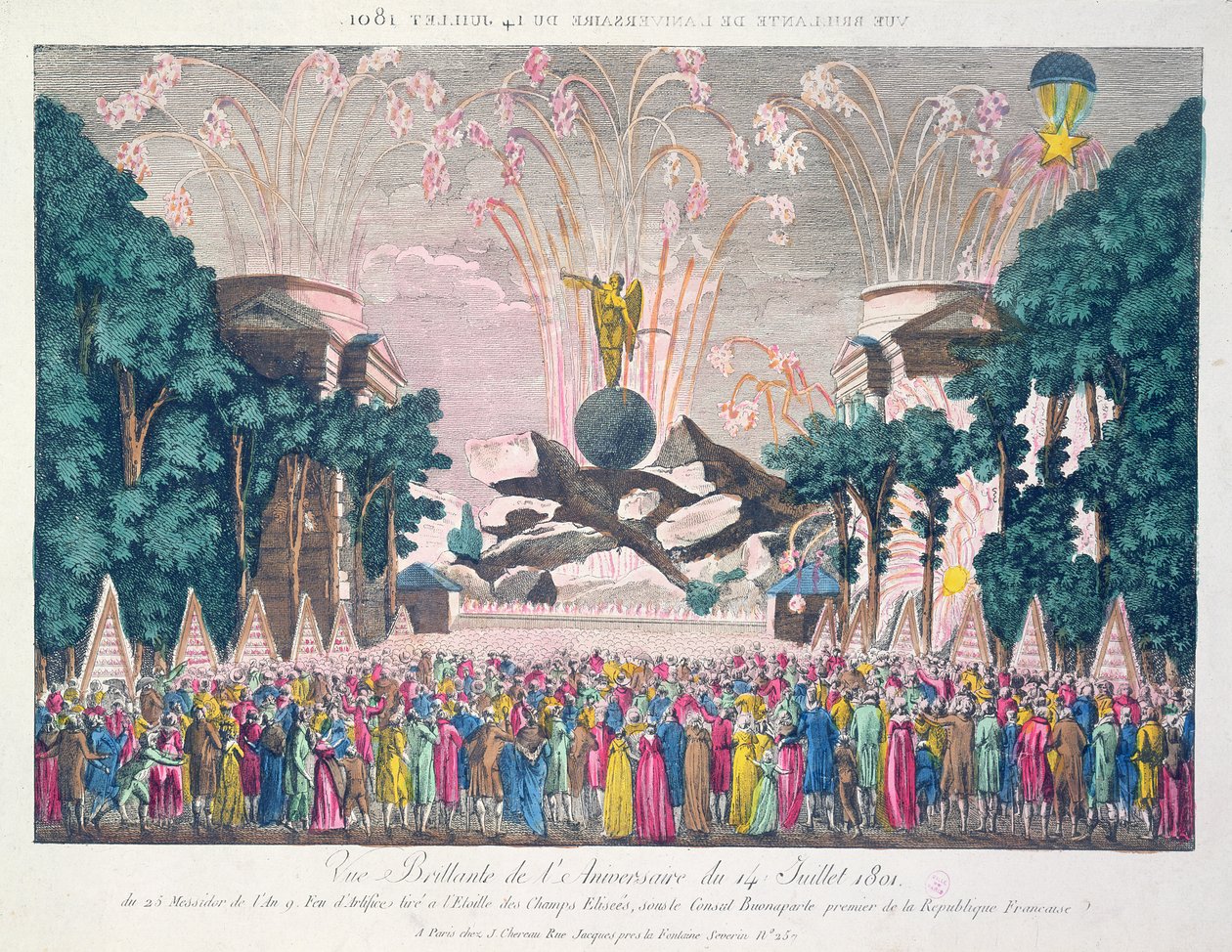Ohňostroj na Etoile, Champs-Elysees, Paříž, na oslavu výročí 14. července 1801 od French School