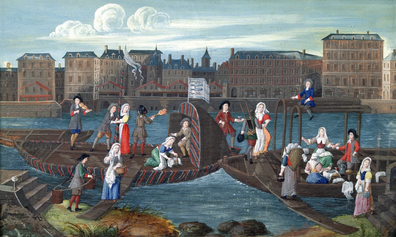 Rybí obchod a prádelna na Quai de la Megisserie, c.1670 od French School