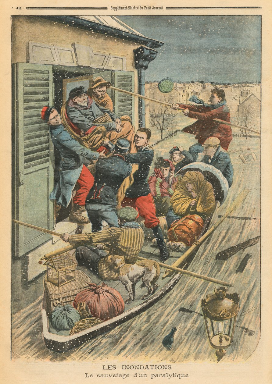 Povodně, záchrana ochrnutého, ilustrace z 